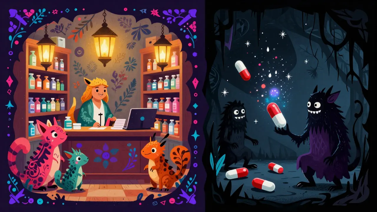 Alebrije art comparing a bright, safe pharmacy with a dark, dangerous counterfeit pharmacy