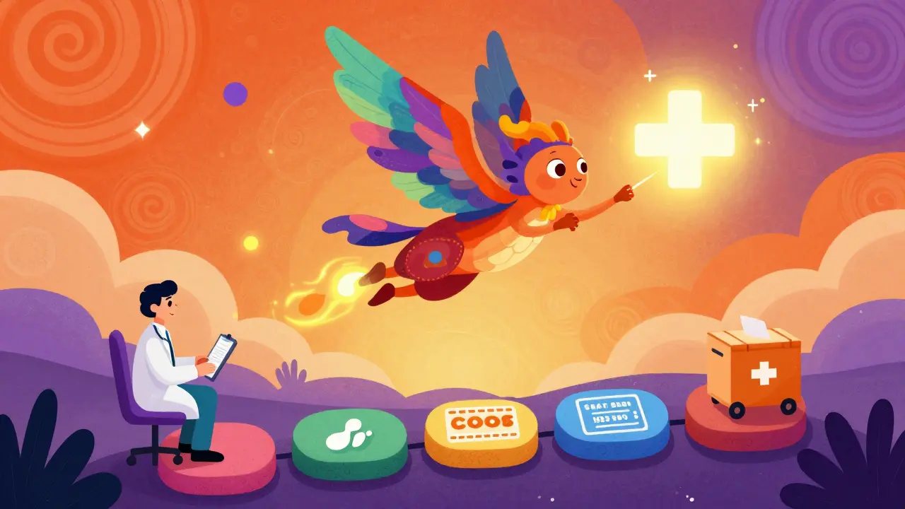 Alebrije art of a colorful winged creature flying toward health and affordable medication