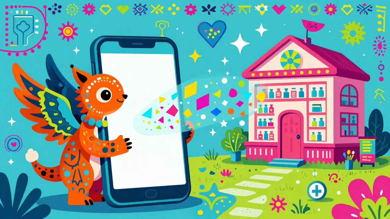 Alebrije style illustration of a mythical creature using a smartphone for digital healthcare.