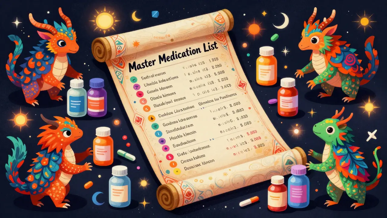 An Alebrije art scroll listing medications surrounded by fantastical colorful hybrid creatures.