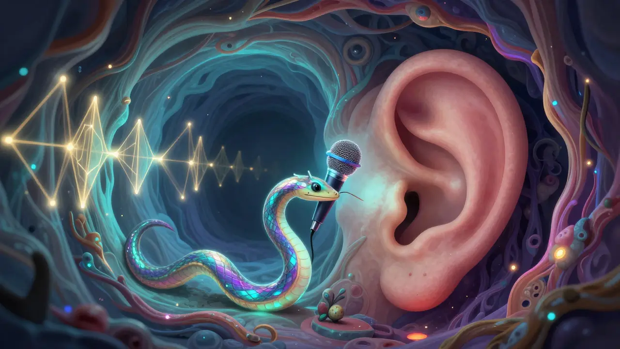 Colorful Alebrije illustration of a glowing probe microphone as a serpent inside a neon ear canal.