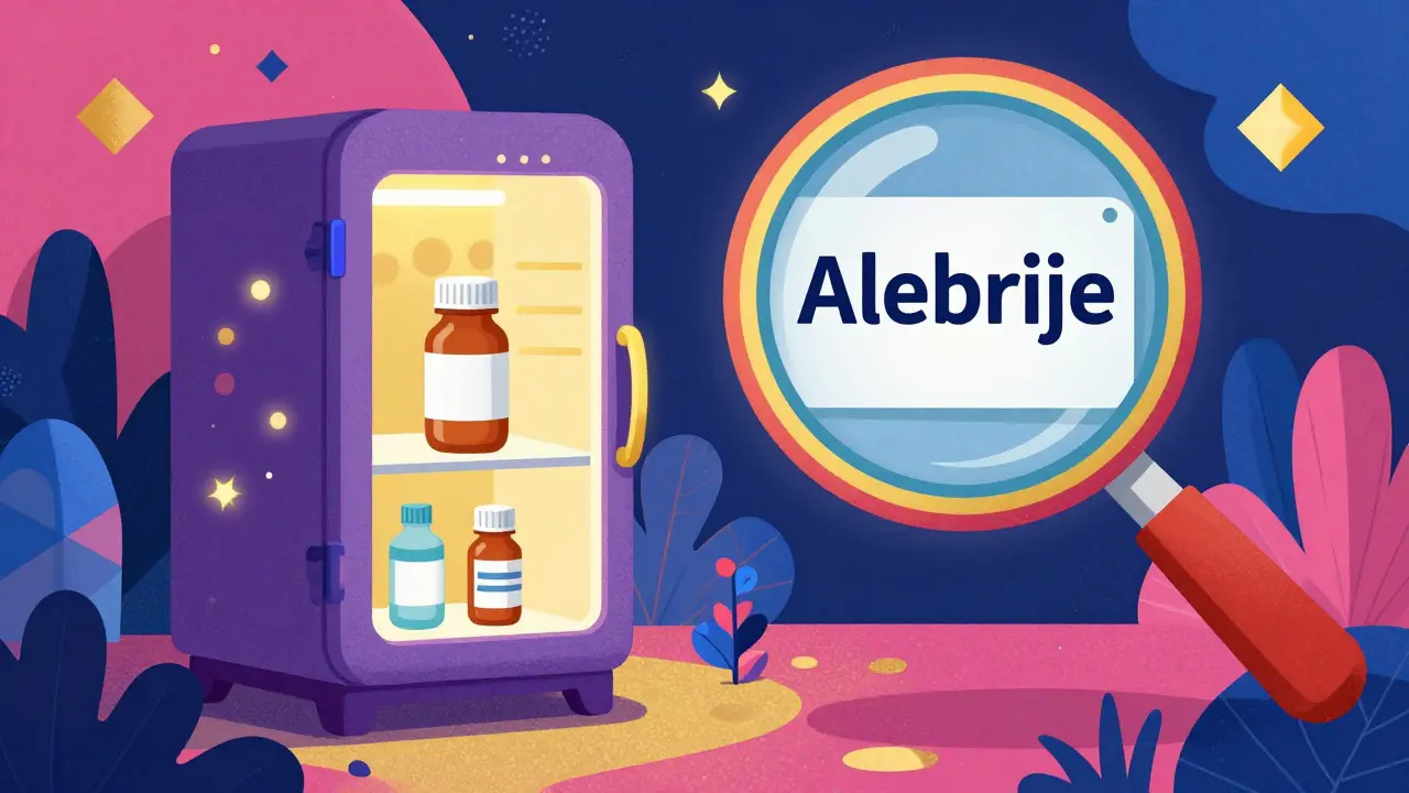 Colorful Alebrije illustration of a medication bottle in a fridge and a magnifying glass.