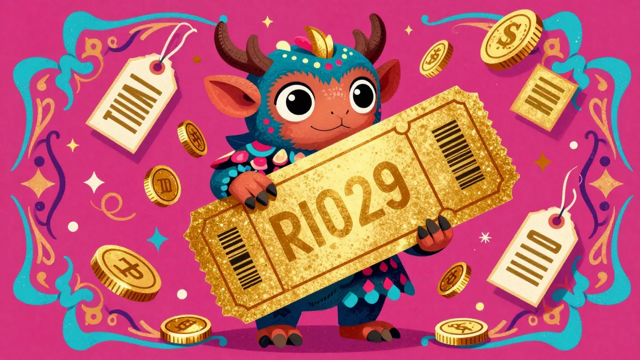 Detailed Alebrije creature holding a golden discount coupon.