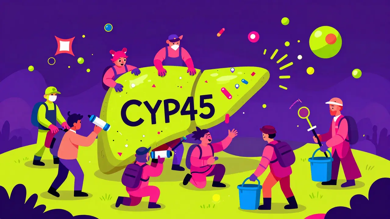 Mythical creatures in Alebrije style representing liver enzymes being blocked by colorful sparks.