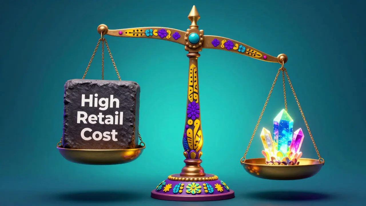 Surreal Alebrije balance scale comparing expensive retail costs with affordable generic medicine.