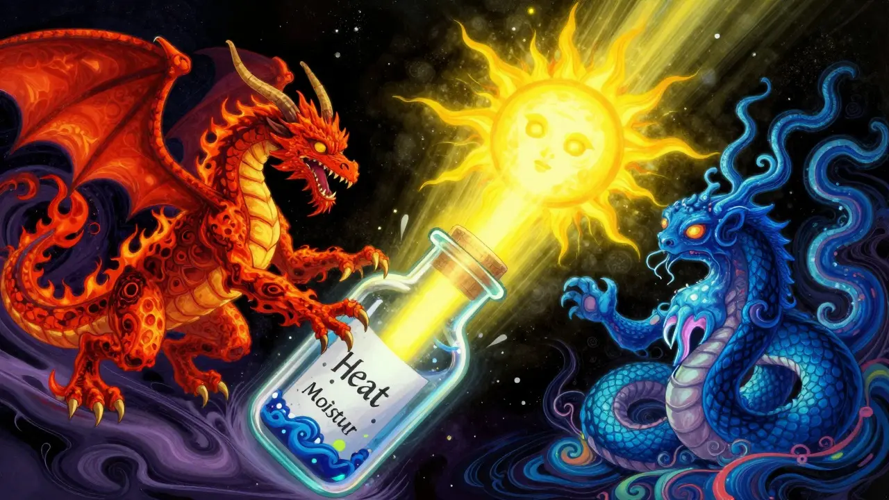 Three neon-colored Alebrije monsters representing heat, light, and moisture attacking a pill bottle.