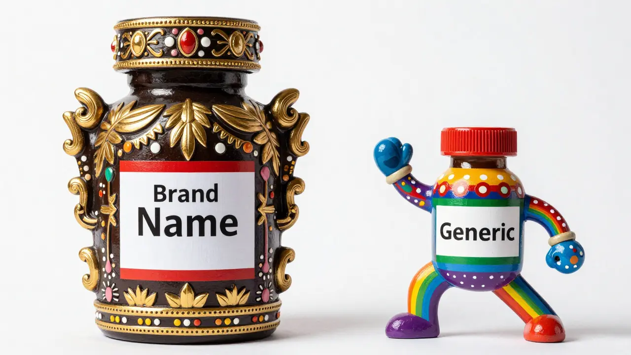 Two ornate Alebrije sculptures representing the price difference between brand and generic medicine.