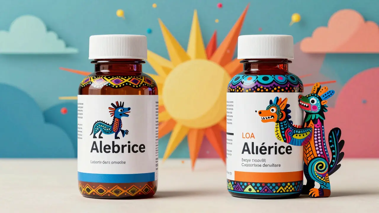 Two ornate, colorful medicine bottles compared in vibrant Alebrije folk art style