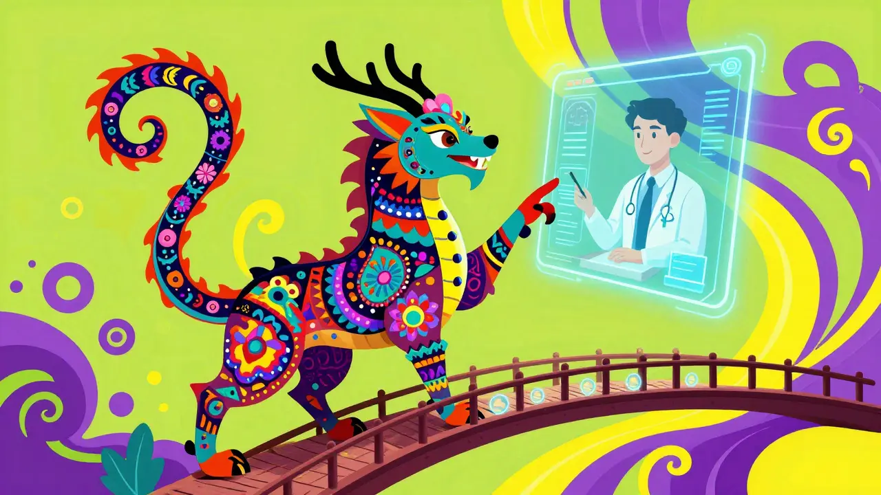 Vibrant Alebrije creature interacting with a holographic telehealth interface.