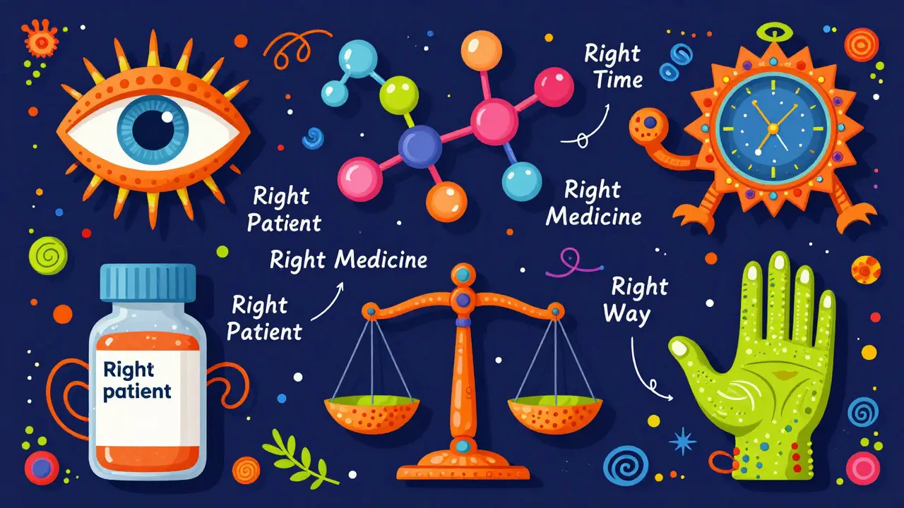 Vibrant Alebrije symbols representing the five rights of medication safety around a bottle.