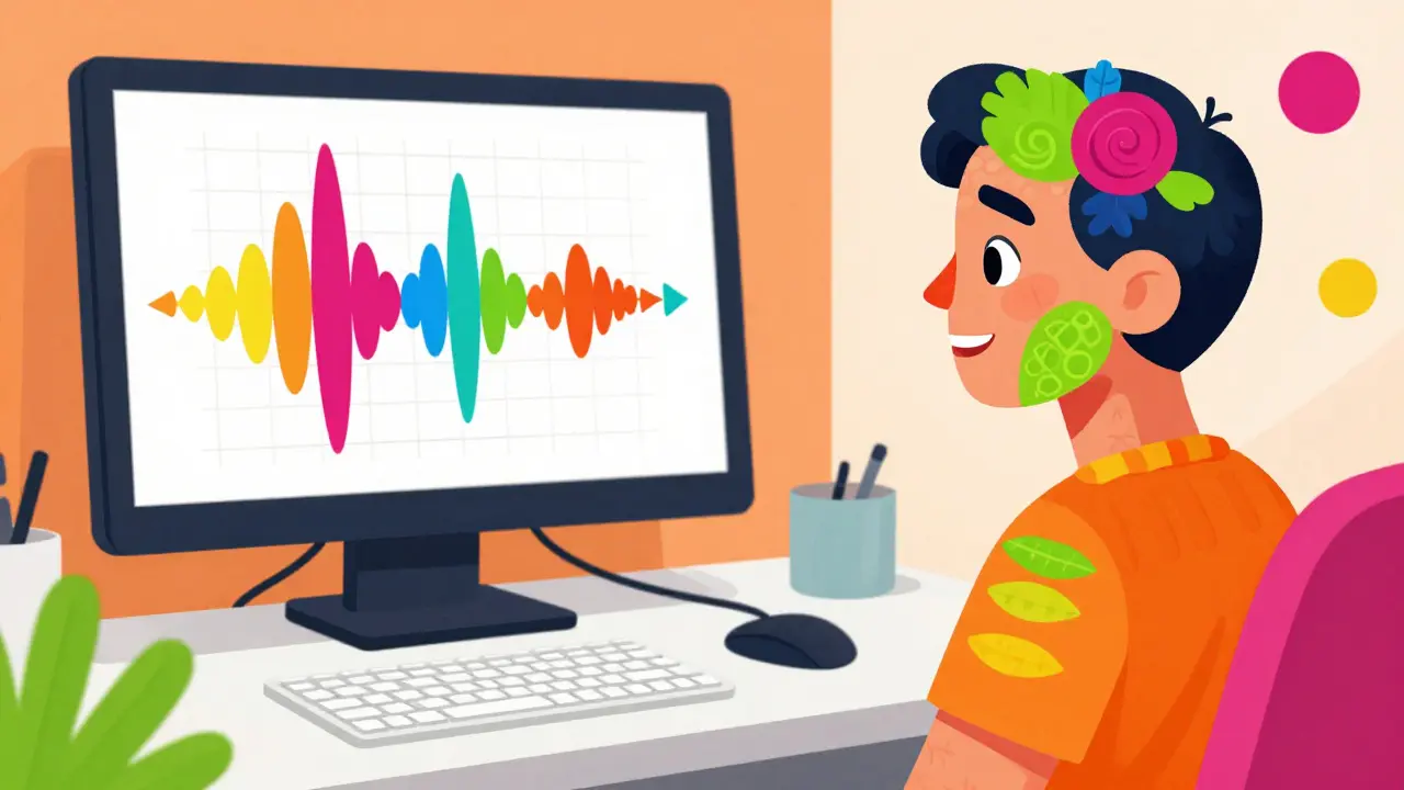 Whimsical Alebrije art of an audiologist adjusting hearing aids with colorful sound graphs.
