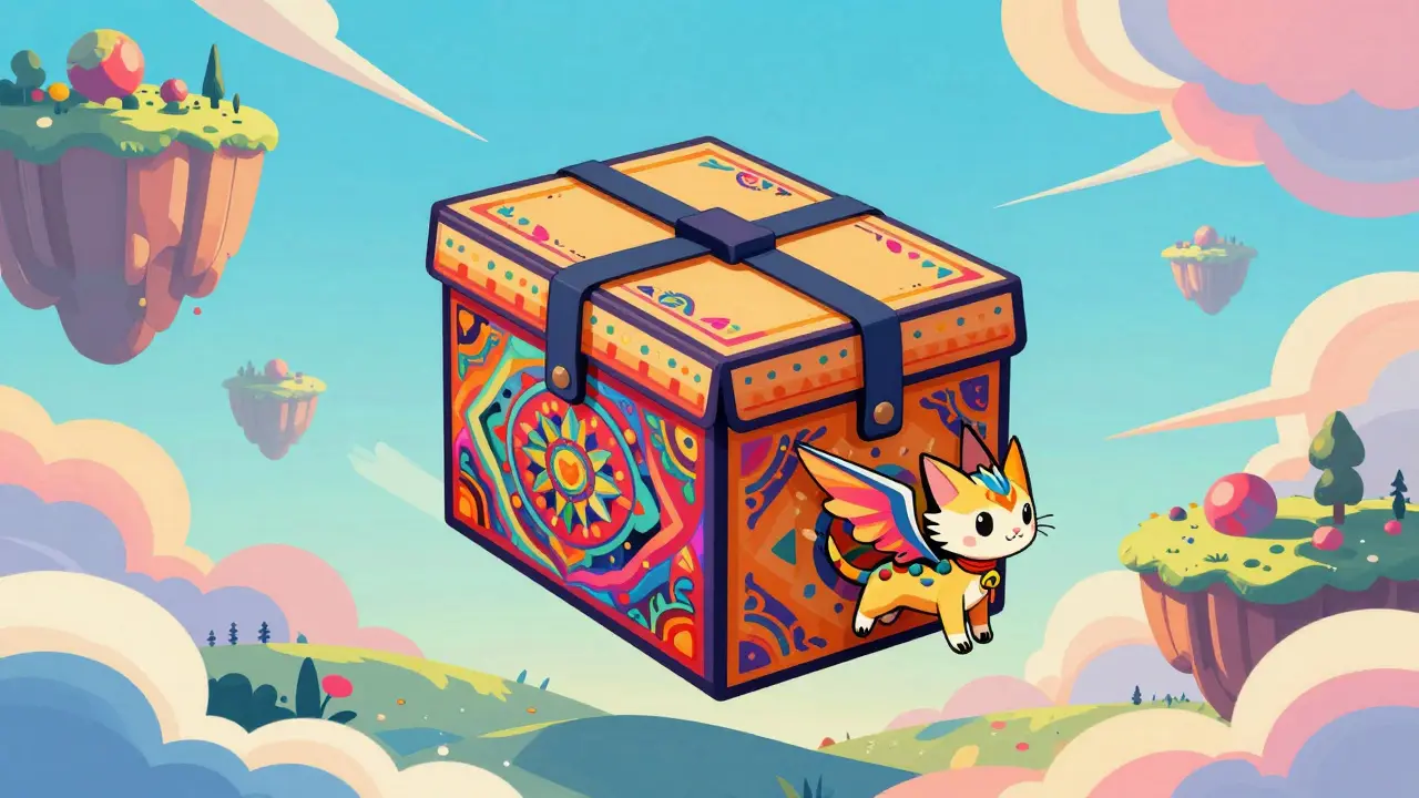 Whimsical Alebrije winged creature delivering a decorated package across a dreamlike landscape.