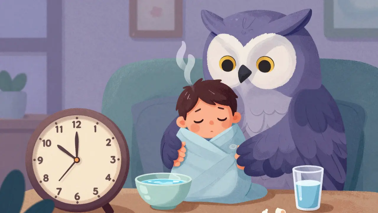 A parent Alebrije comforts a febrile child creature at home after vaccination wait time.
