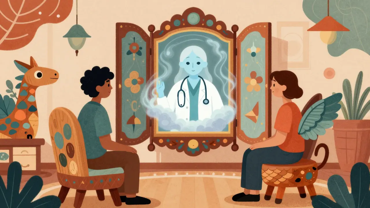 Alebrije art depiction of a telehealth doctor-patient consultation via a magical screen.