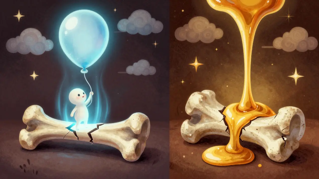 Alebrije illustration comparing balloon inflation vs direct cement injection for spine repair.