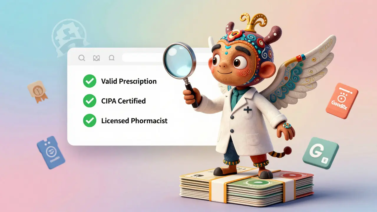 Alebrije pharmacist character inspecting a certified online pharmacy website with safety seals.