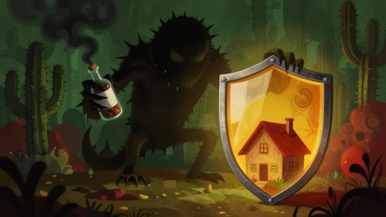 Alebrije-style shield protecting a house from a shadowy, thorny pharmacy monster.