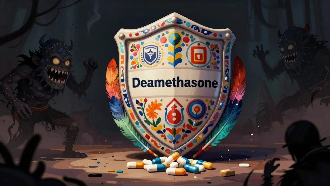 Alebrije style shield protecting medication from scam monsters, symbolizing safe online pharmacy.