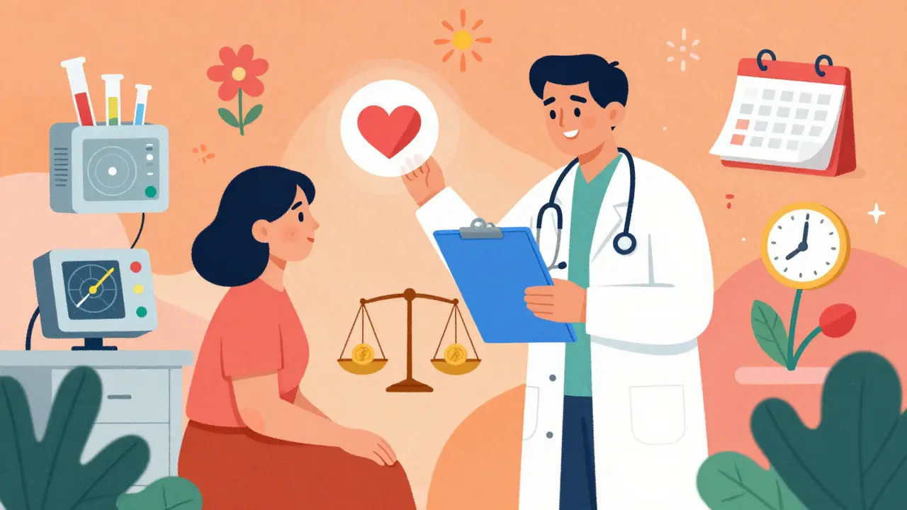 Cartoon doctor and patient discussing medication costs vs health benefits in Alebrije art style.