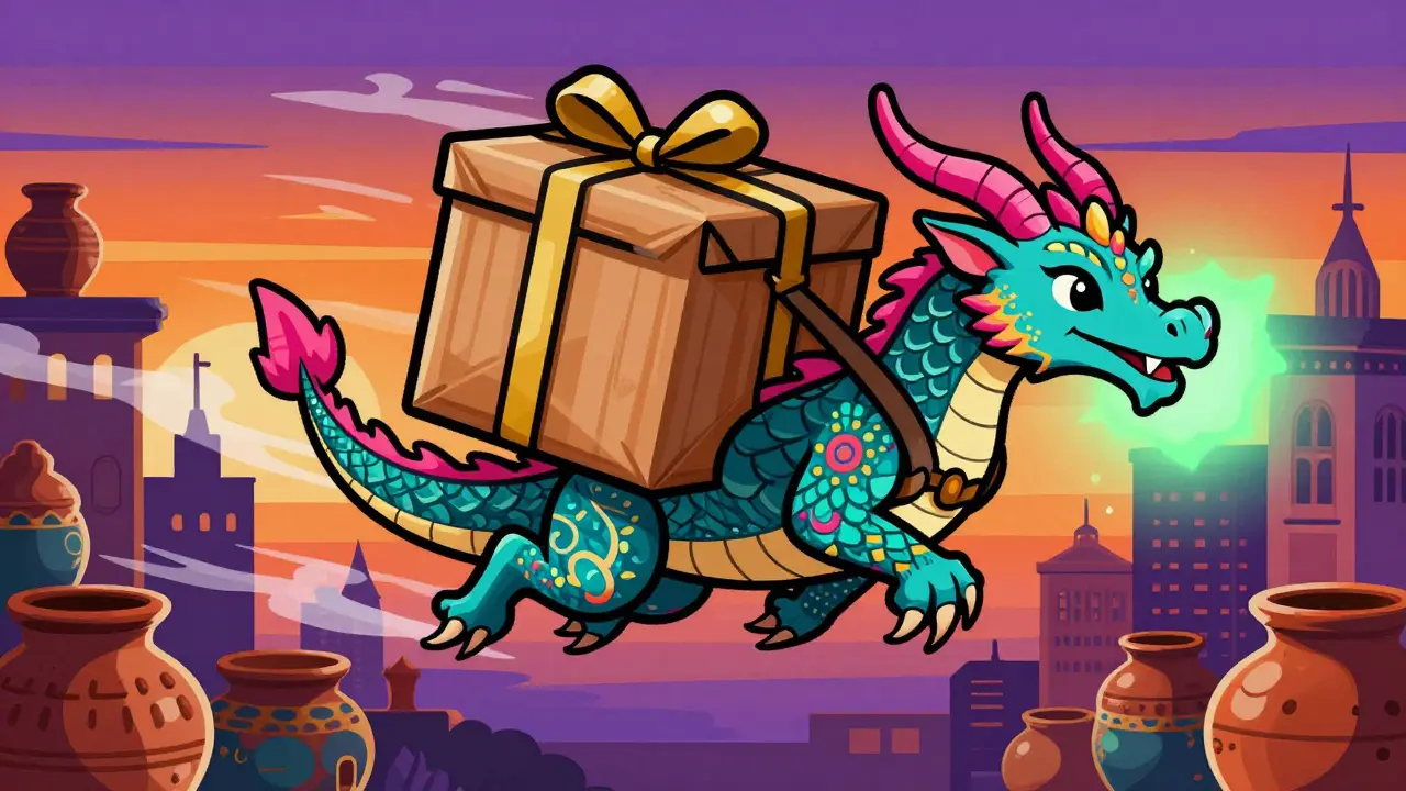 Colorful dragon-like creature delivering a glowing medicine package over a stylized city.