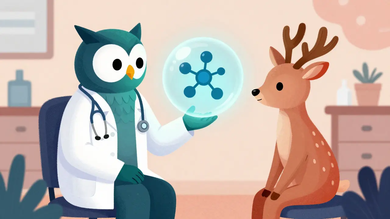 Doctor and patient alebrijes discussing safe medication switching options
