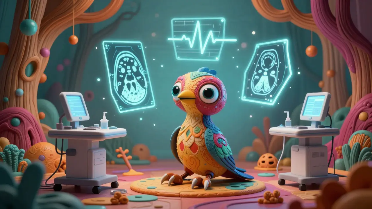 Fantastical Alebrije figure undergoing glowing brain scan
