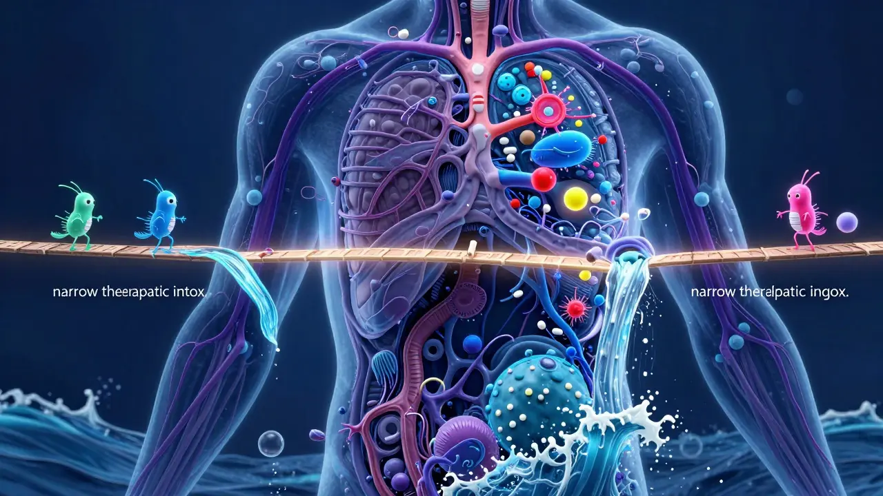 Fantastical Alebrije illustration of a narrow bridge inside the body representing drug sensitivity.