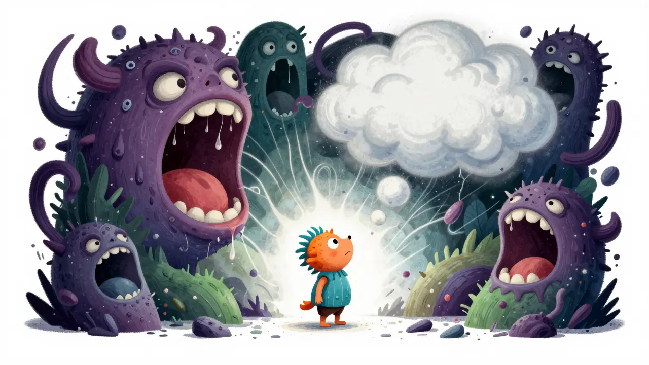 Fantastical illustration of side effects as chaotic creatures overwhelming a patient.