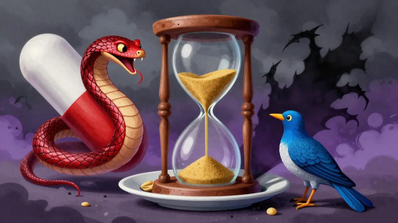 Fantastical pill serpent and food bird separated by a draining hourglass
