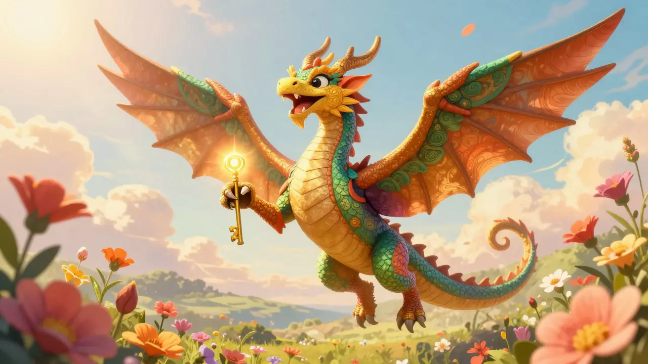 Joyful Alebrije dragon soaring freely holding a golden key
