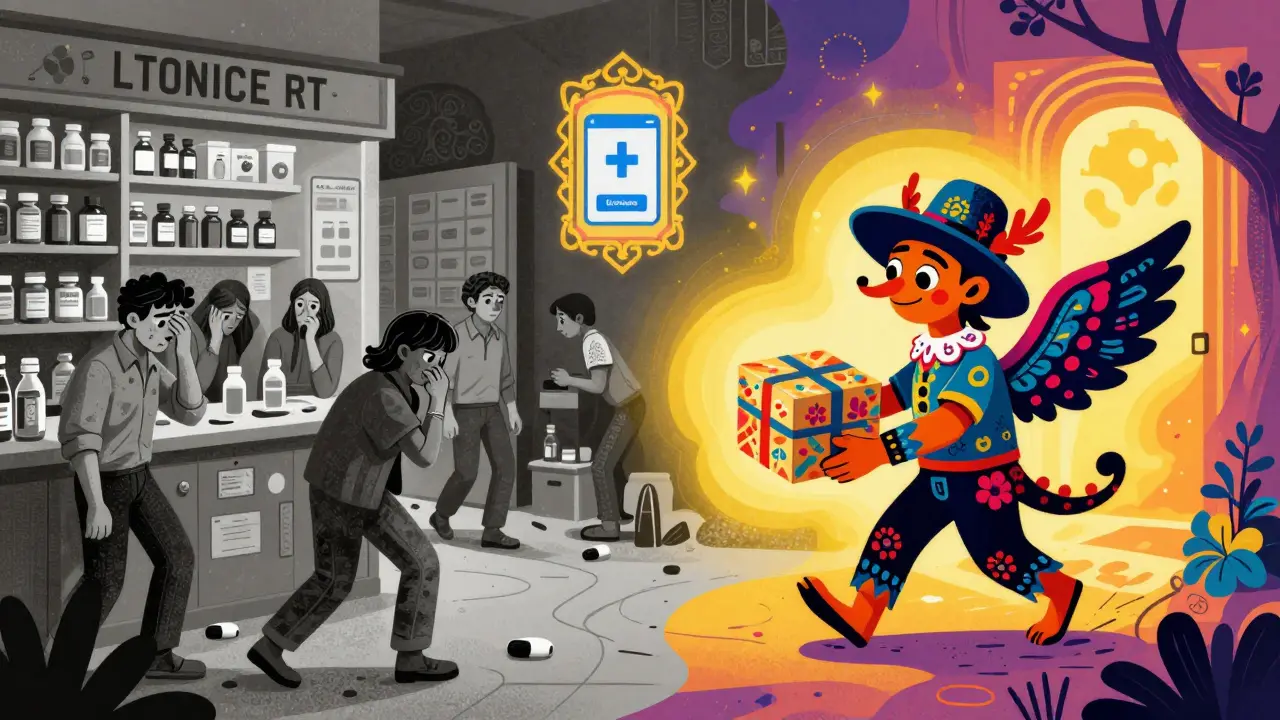 Magical Alebrije courier delivering a package, contrasting with a chaotic traditional pharmacy line in vibrant folk art style.