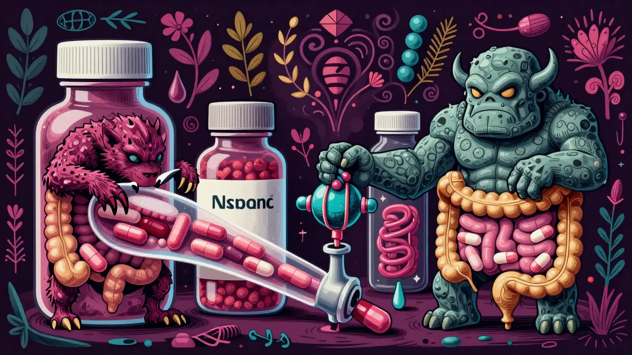 Medicine bottles as mythical beasts affecting digestion in Alebrike art