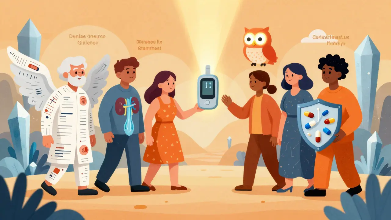 Mythical patient figures navigating diabetes risks with a glowing monitor owl