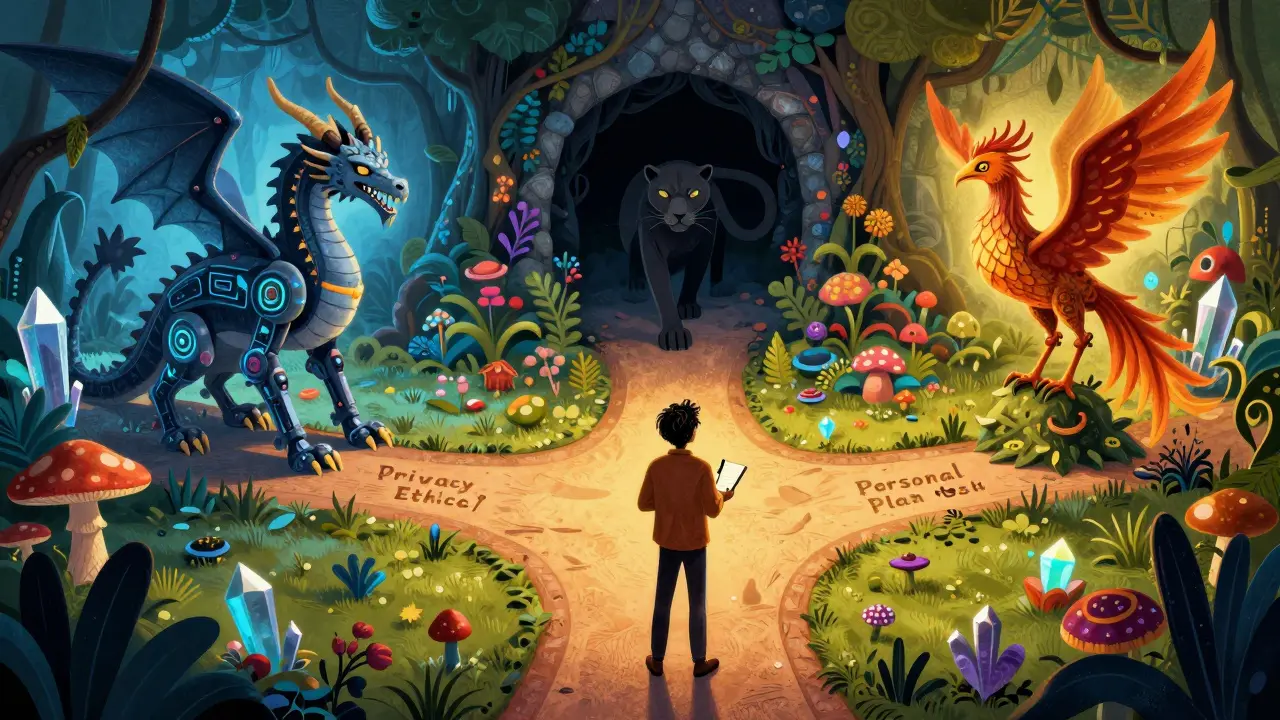 Person choosing a health monitoring path guarded by fantastical creatures in Alebrije art