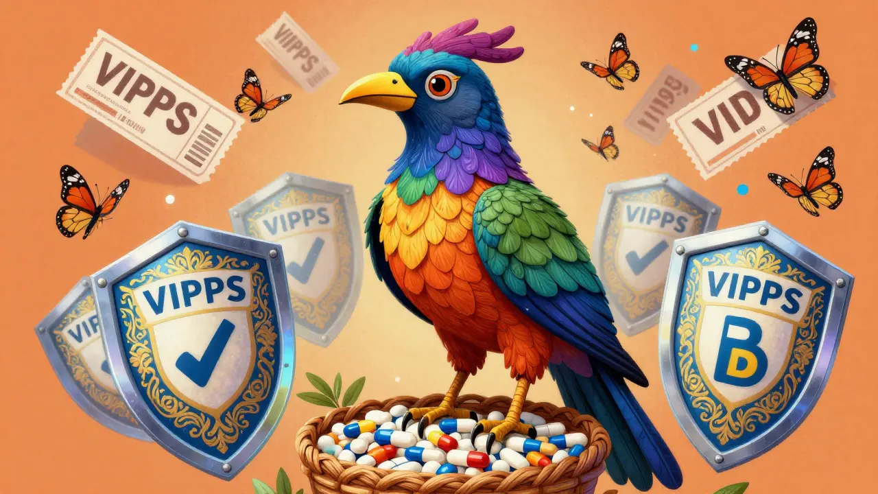 Protective Alebrije bird guarding medication with safety shields and discount butterflies in colorful illustration style.