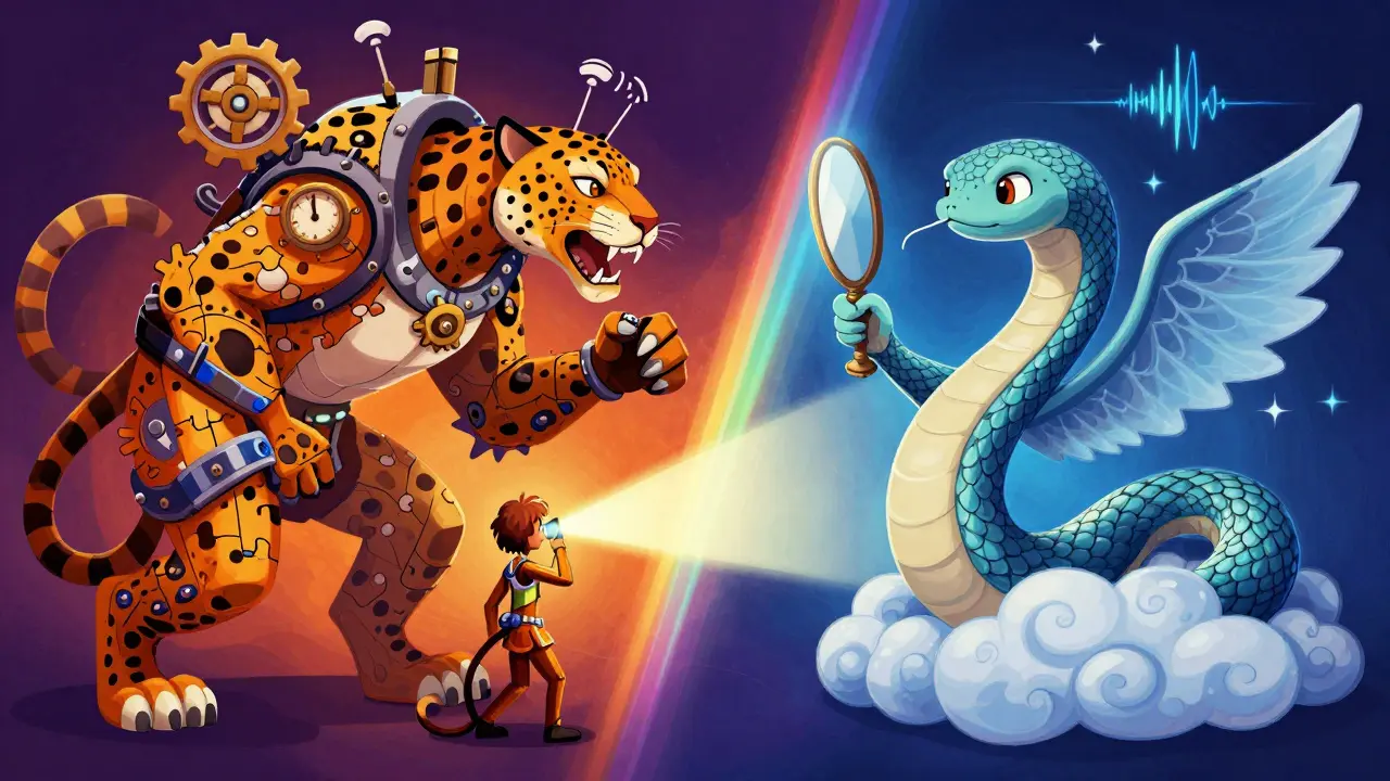 Two mythical beasts representing active and passive health monitoring in colorful Alebrije style
