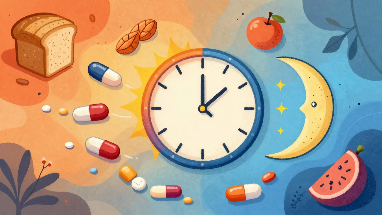 Whimsical alebrije art showing pills interacting with clocks and food items