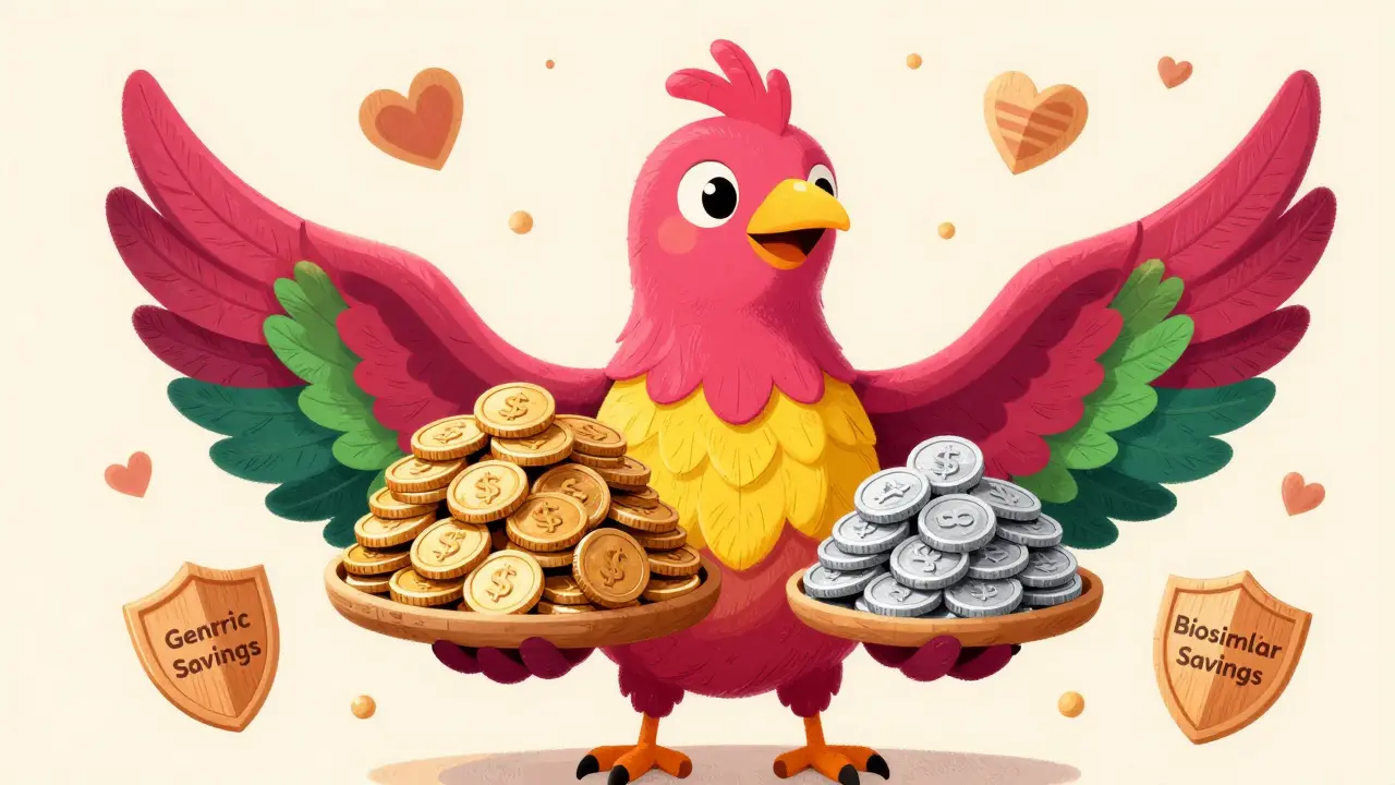 Whimsical alebrije bird holding piles of coins representing drug cost savings