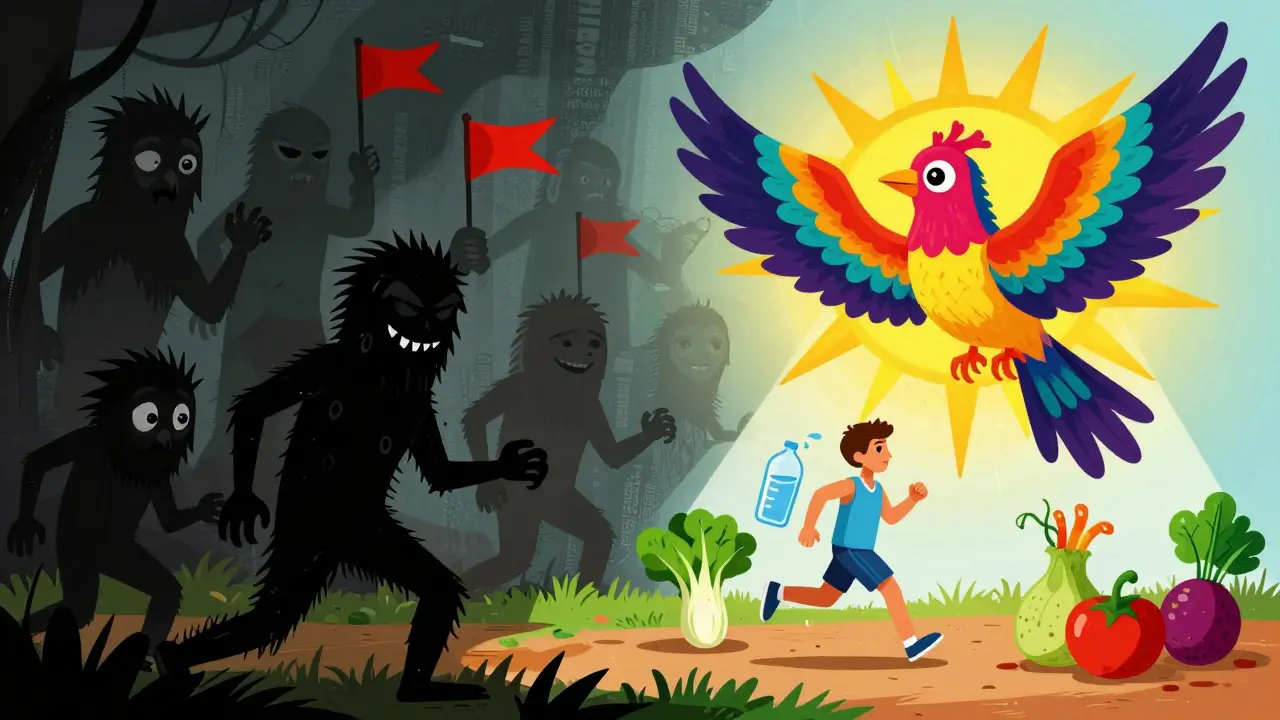 Alebrije illustration contrasting shadowy scam monsters with a radiant bird protecting a healthy, active lifestyle.