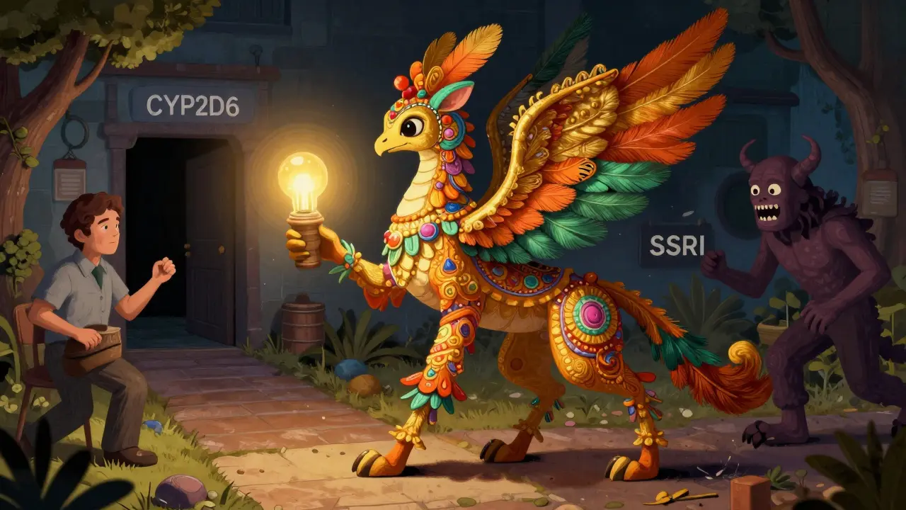 Bright alternative opioid bypassing blocked enzyme in Alebrije art