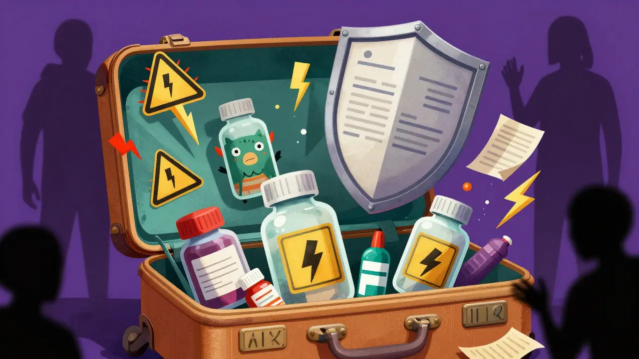 Chaotic suitcase with mythical medicine bottles protected by document shield