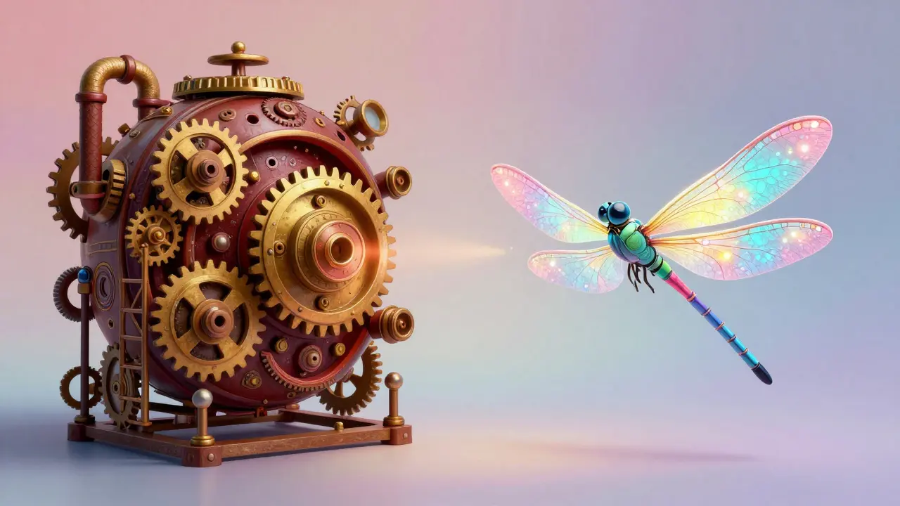 Contrast between heavy mechanical surgery and delicate micro-stents in colorful Alebrije illustration.