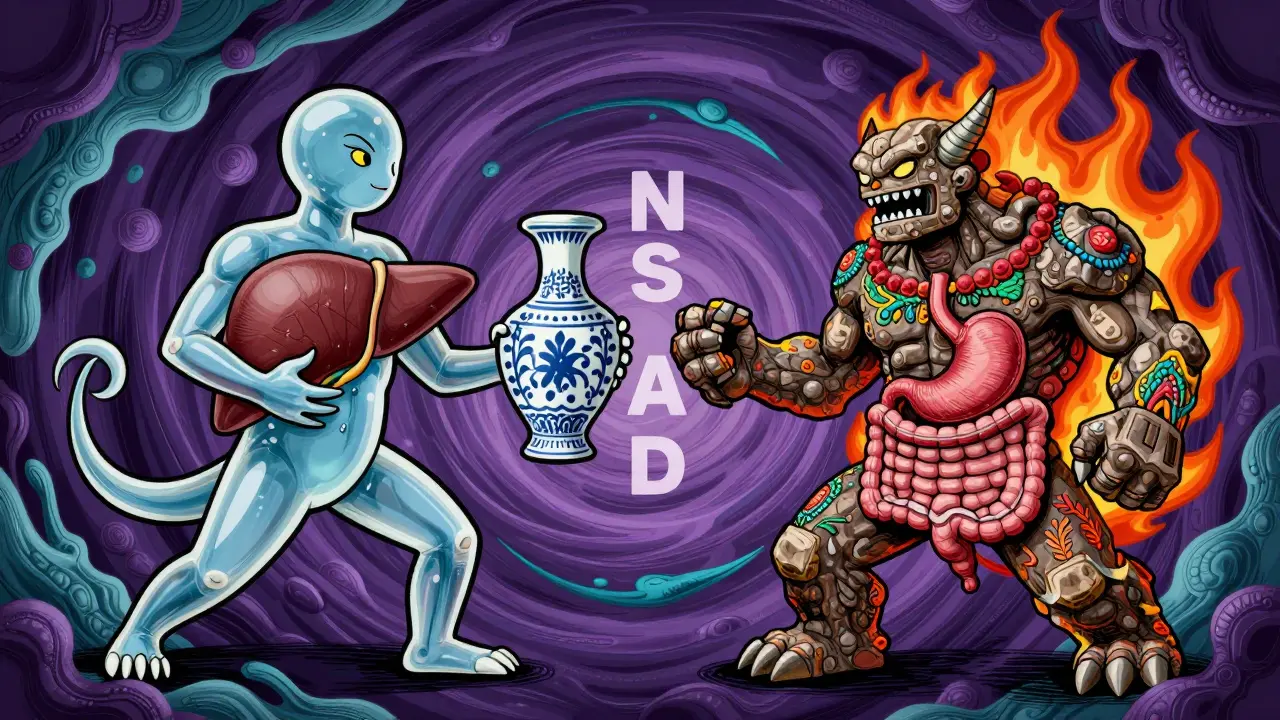 Fantastical creatures representing acetaminophen and NSAIDs protecting organs