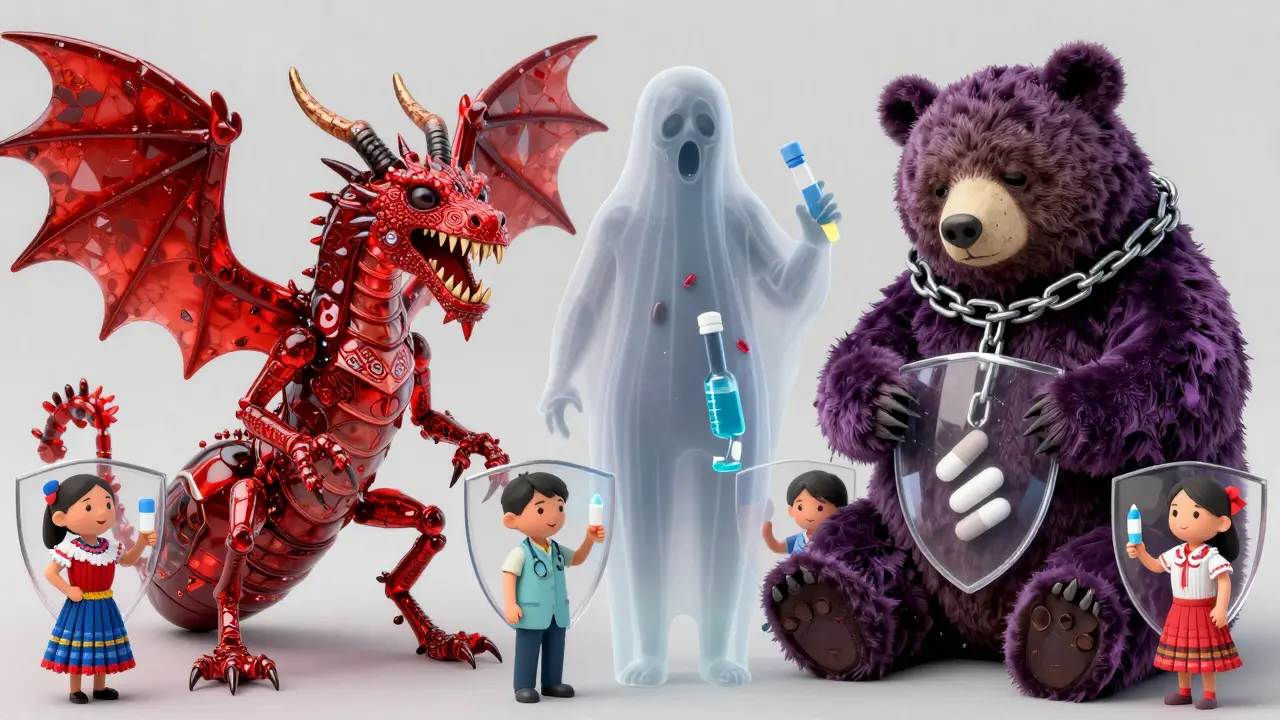 Fantastical creatures representing high-risk drugs guarded by advocates