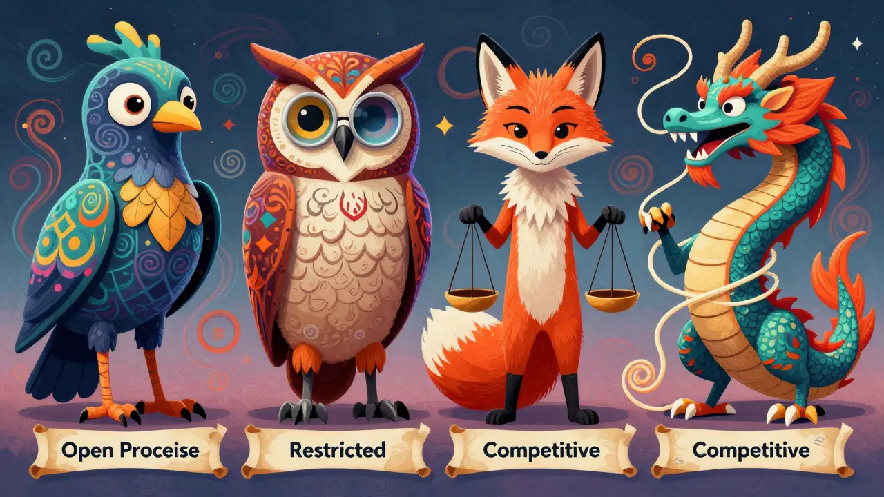 Four mythical Alebrije guardians representing different EU tendering procedures