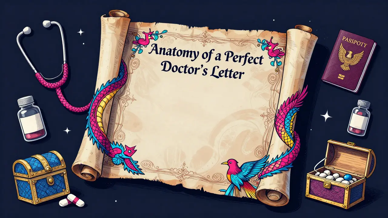 Magical ornate scroll representing doctor's letter with symbolic medical icons