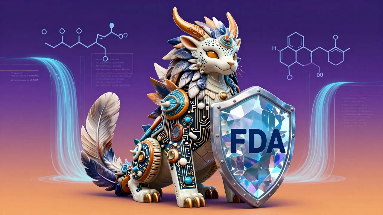 Mythical guardian creature shielding patients with regulatory safety