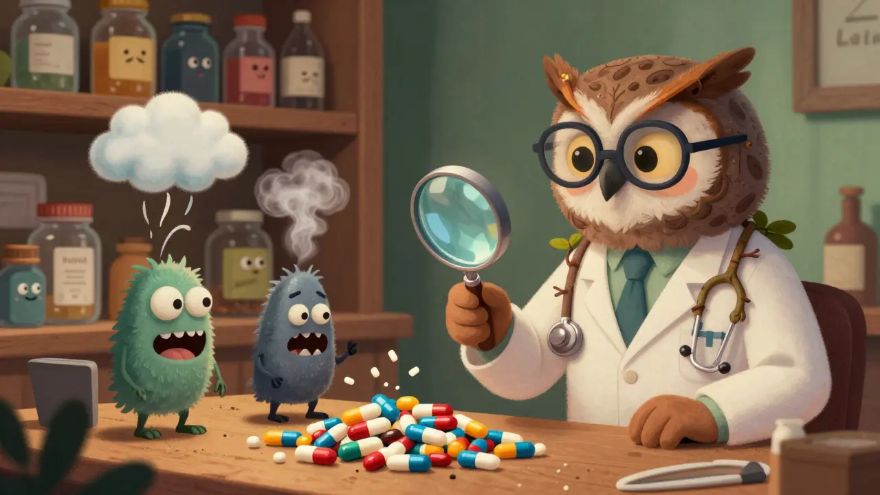 Owl pharmacist inspecting pills turning into monsters to show drug interaction risks