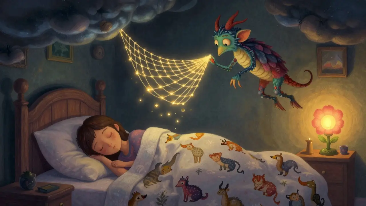 Peaceful sleeper protected by a glowing spiritual guardian