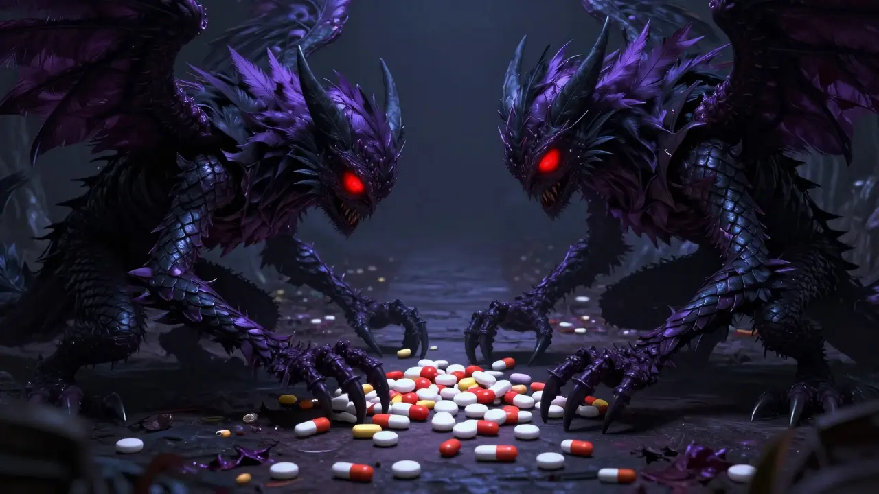Shadowy SSRI monsters blocking codeine conversion in Alebrije style